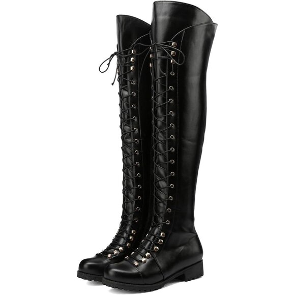 Women's Black Faux Leather Over The Knee Square Toe Thigh High Combat Boots - Picture 1 of 7